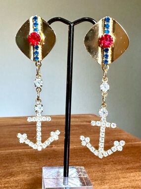 Vintage Rhinestone Anchor Dangle Earrings Gold Tone Patriotic Nautical Drop